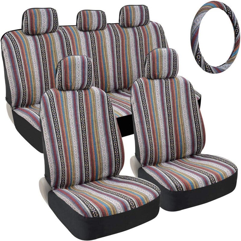 BDK Baja Saddle Blanket Car Seat Covers Full Set with Matching Steering Wheel Cover - Woven Saddle Blanket Seat Covers Mexican Blanket Seat Covers for Front & Back Bench - Fits Most Car, Truck, & SUV - Image 1